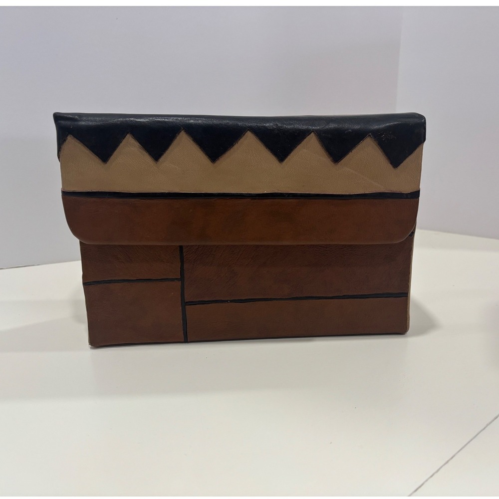 Small Geometric Patchwork Storage Box Brown Tan Black Rectangular Flap Closure